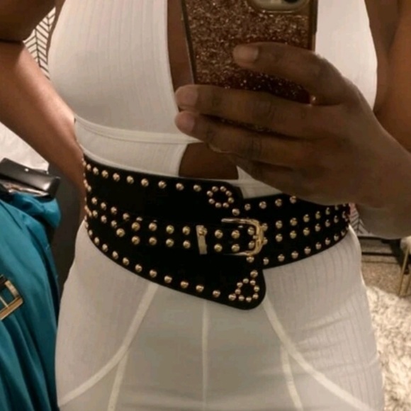 Black vegan faux suede corset gold studs punk wide boho waist belt - Picture 5 of 14